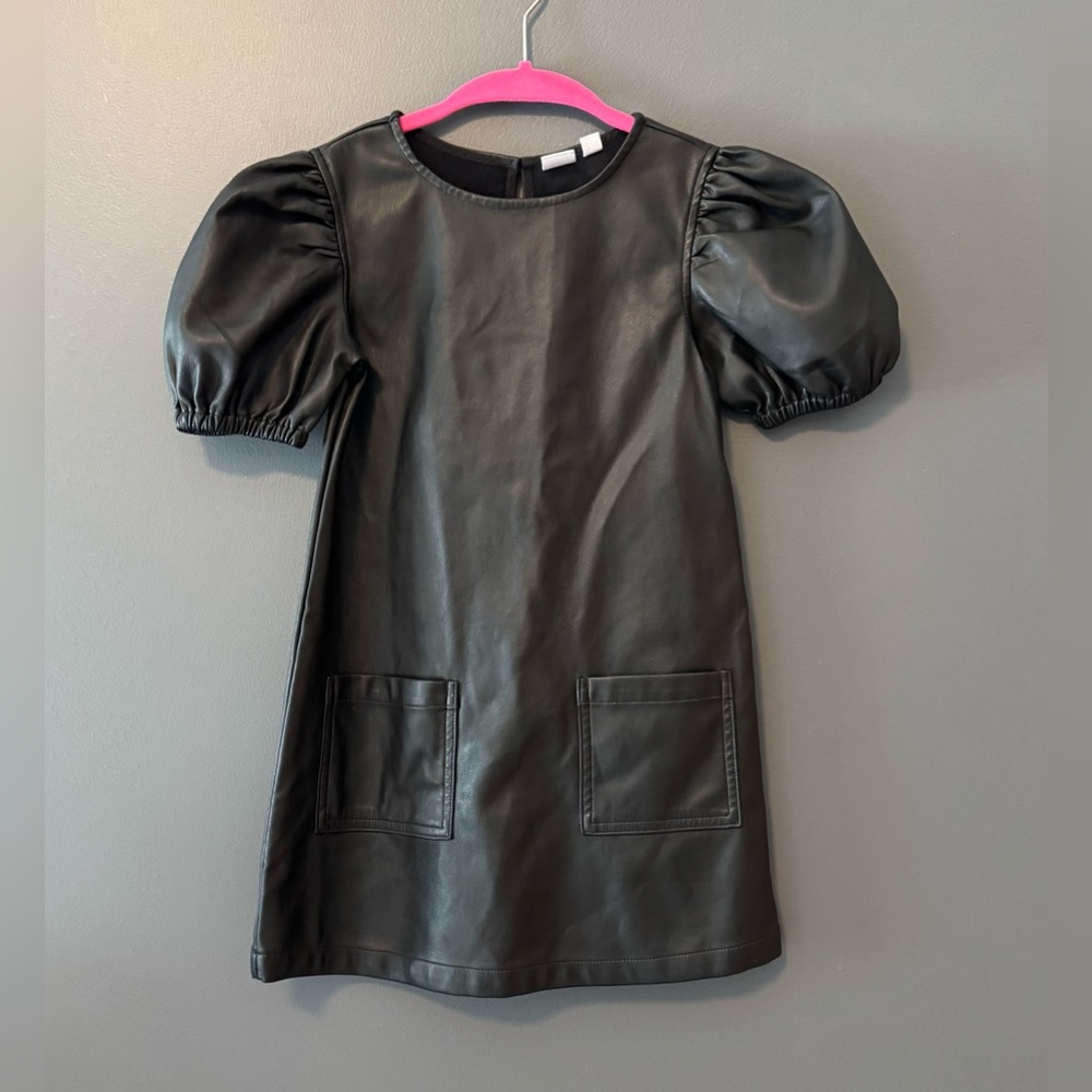 GAP Kids Black Puff Sleeved Faux Leather Girls Dress. Size Small 6/7.
